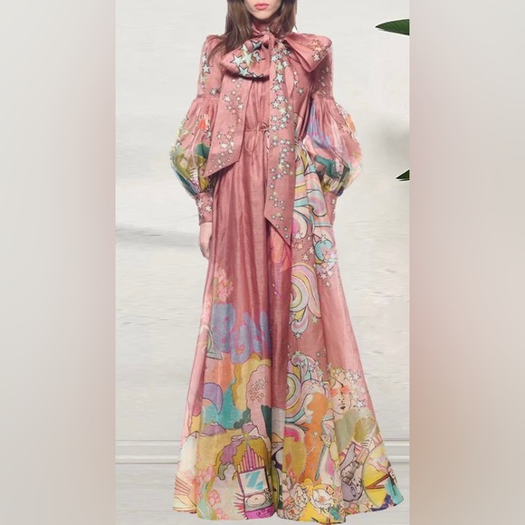 Lena Vie Boho Full Mauve Bow Collar Shift Maxi Dress With Lantern Sleeves - Picture 5 of 6